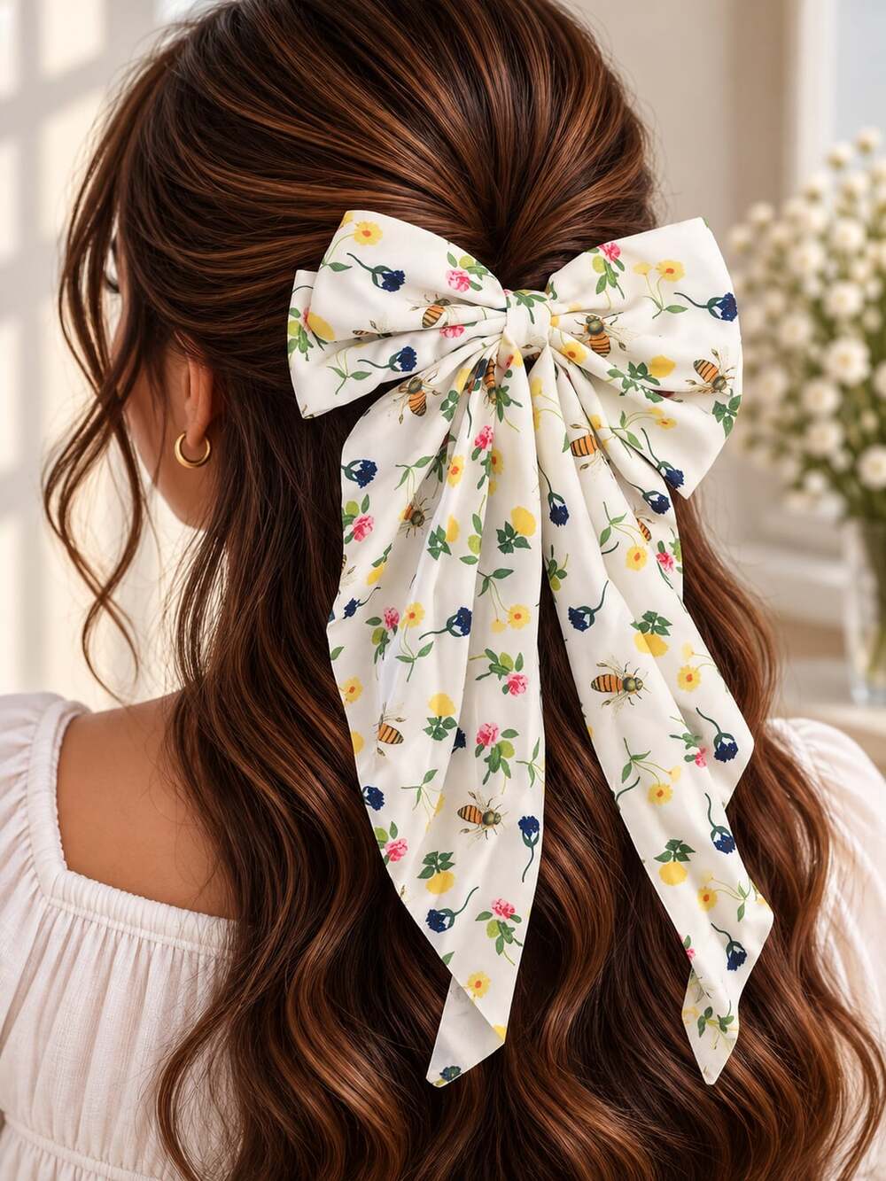 Ivory Floral Bee Hair Bow Long Tail Cottagecore Garden Feminine Hair Clip